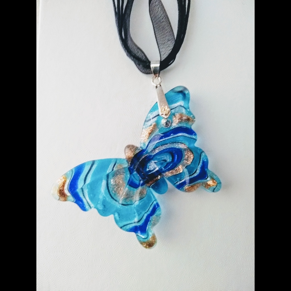 Handblown Murano Style Glass Butterfly Necklace